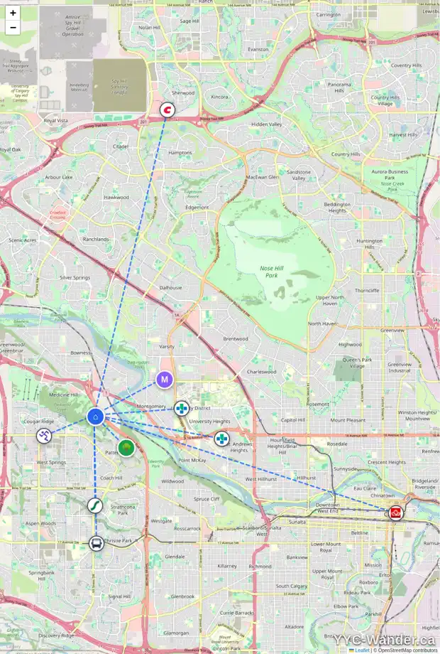Daily accessibility map for 570 PATTERSON GV SW, Calgary showing nearby schools, grocery stores, parks, LRT stations and nearby amenities