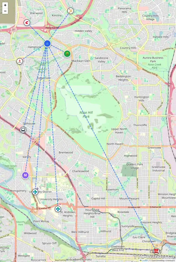 Daily accessibility map for 12 HAMPTONS LI NW, Calgary showing nearby schools, grocery stores, parks, LRT stations and nearby amenities