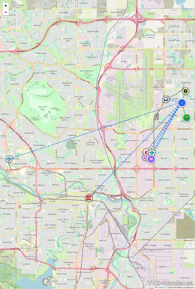 Daily accessibility map for 144 MARTINWOOD CO NE, Calgary showing nearby schools, grocery stores, parks, LRT stations and nearby amenities
