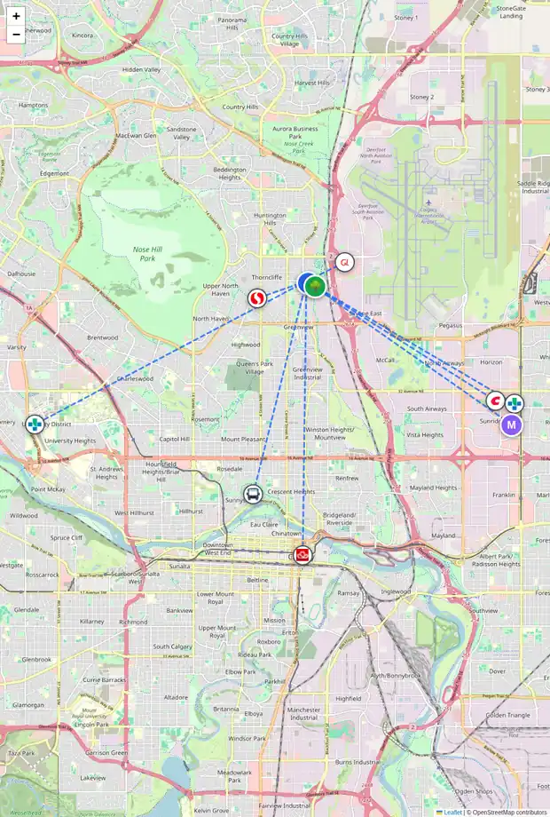 Daily accessibility map for 6036 4 ST NE, Calgary showing nearby schools, grocery stores, parks, LRT stations and nearby amenities