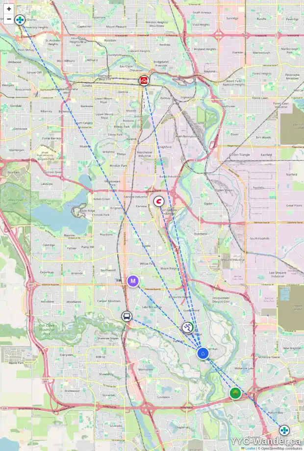 Daily accessibility map for 52 DEERBOW CI SE, Calgary showing nearby schools, grocery stores, parks, LRT stations and nearby amenities