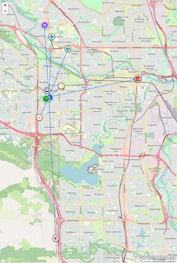 Daily accessibility map for 4531 GLENMERE RD SW, Calgary showing nearby schools, grocery stores, parks, LRT stations and nearby amenities