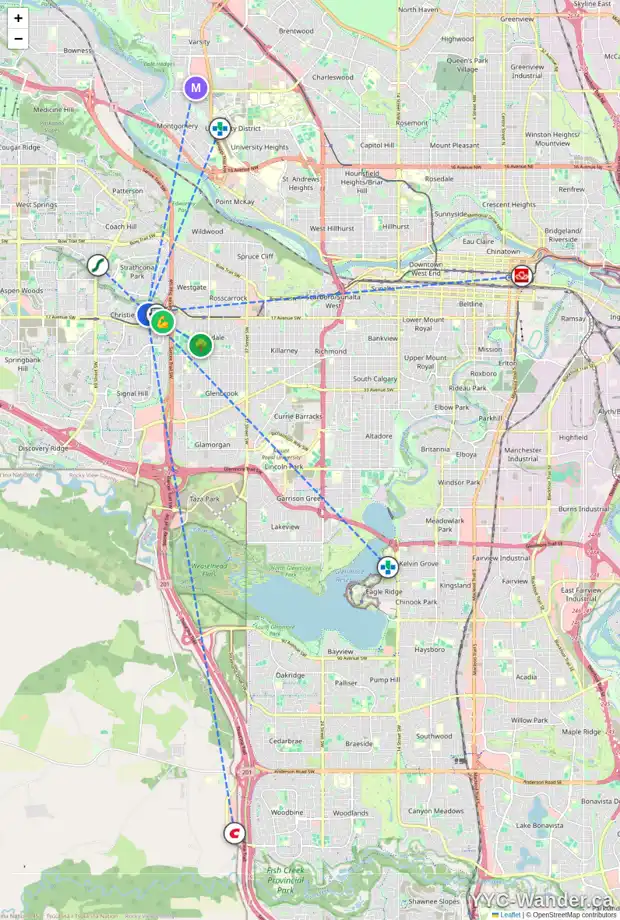 Daily accessibility map for 32 CHRISTIE PARK HL SW, Calgary showing nearby schools, grocery stores, parks, LRT stations and nearby amenities