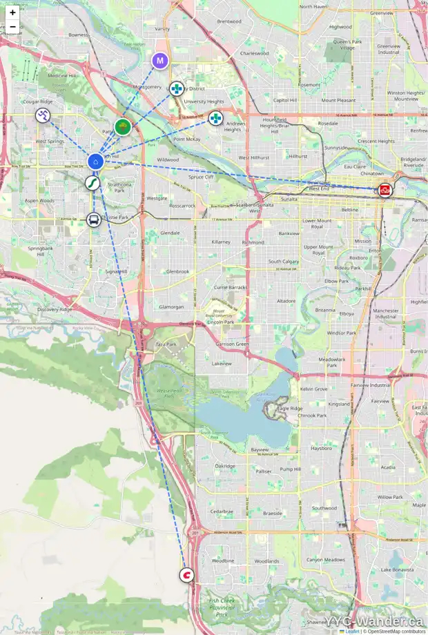 Daily accessibility map for 31 COACH RIDGE PL SW, Calgary showing nearby schools, grocery stores, parks, LRT stations and nearby amenities