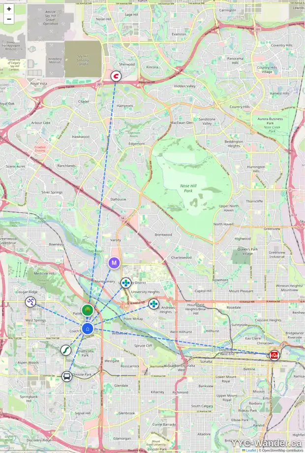 Daily accessibility map for 5943 COACH HILL RD SW, Calgary showing nearby schools, grocery stores, parks, LRT stations and nearby amenities