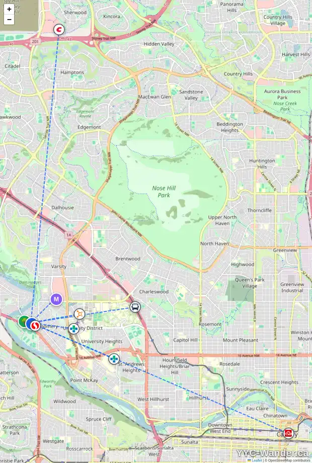 Daily accessibility map for 5124 BOWNESS RD NW, Calgary showing nearby schools, grocery stores, parks, LRT stations and nearby amenities