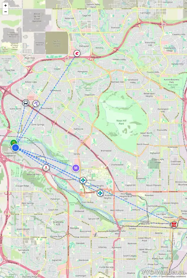 Daily accessibility map for 8932 34 AV NW, Calgary showing nearby schools, grocery stores, parks, LRT stations and nearby amenities