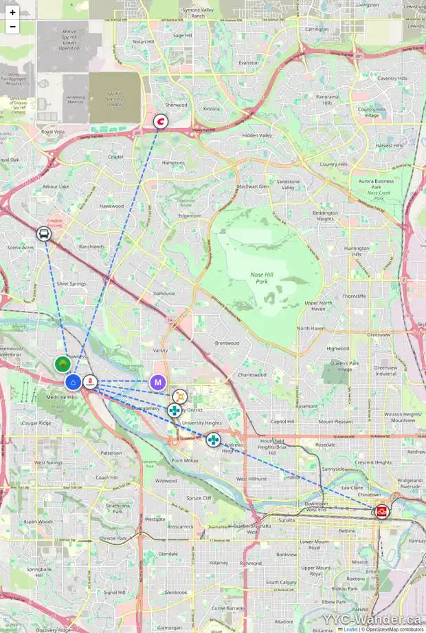 Daily accessibility map for 3427 BONITA CR NW, Calgary showing nearby schools, grocery stores, parks, LRT stations and nearby amenities