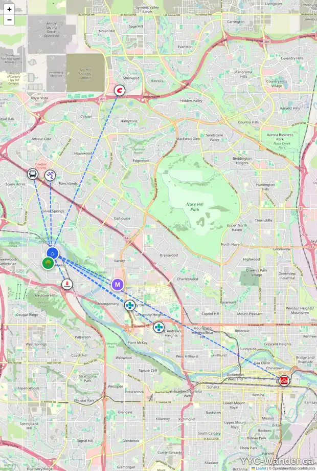Daily accessibility map for 7702 46 AV NW, Calgary showing nearby schools, grocery stores, parks, LRT stations and nearby amenities
