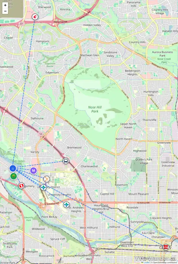 Daily accessibility map for 6040 BOWWATER CR NW, Calgary showing nearby schools, grocery stores, parks, LRT stations and nearby amenities