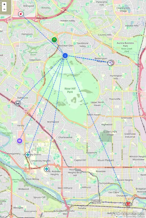 Daily accessibility map for 22 MACEWAN PARK VW NW, Calgary showing nearby schools, grocery stores, parks, LRT stations and nearby amenities