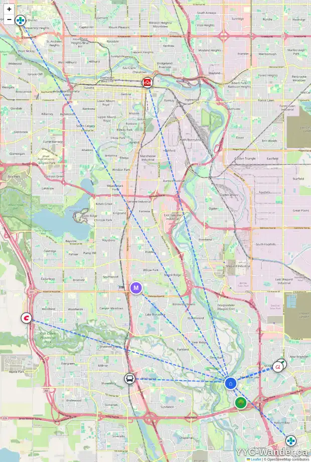 Daily accessibility map for 214 MT CASCADE PL SE, Calgary showing nearby schools, grocery stores, parks, LRT stations and nearby amenities