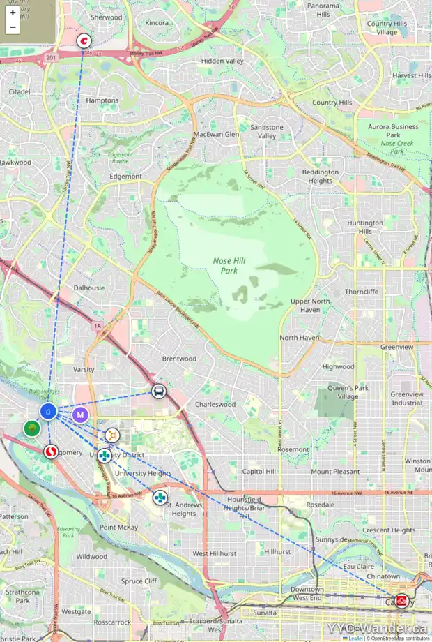 Daily accessibility map for 16 BOWBANK CR NW, Calgary showing nearby schools, grocery stores, parks, LRT stations and nearby amenities