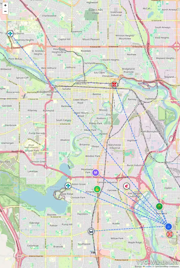 Daily accessibility map for 21 RIVER ROCK CR SE, Calgary showing nearby schools, grocery stores, parks, LRT stations and nearby amenities