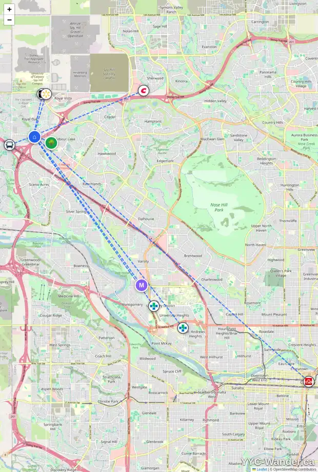 Daily accessibility map for 113 ROYAL CREST BA NW, Calgary showing nearby schools, grocery stores, parks, LRT stations and nearby amenities