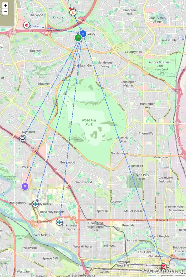Daily accessibility map for 10926 HIDDEN VALLEY DR NW, Calgary showing nearby schools, grocery stores, parks, LRT stations and nearby amenities