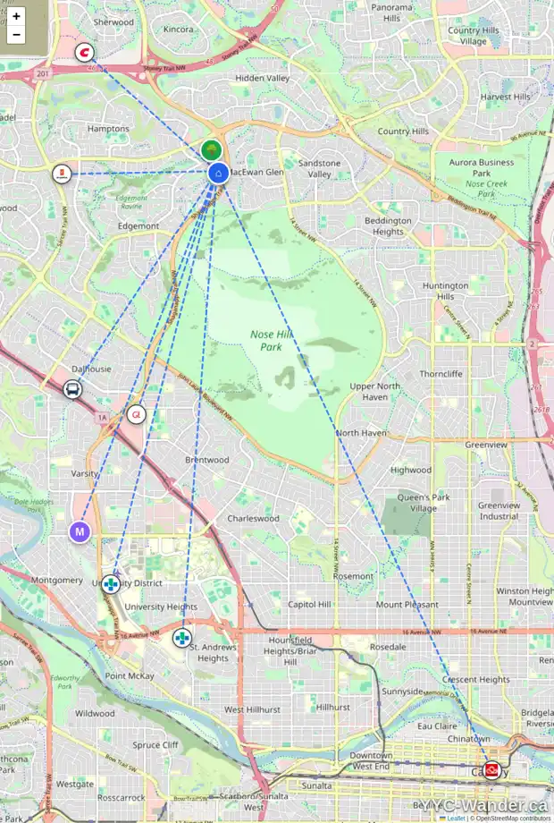 Daily accessibility map for 224 EDGEBROOK PA NW, Calgary showing nearby schools, grocery stores, parks, LRT stations and nearby amenities