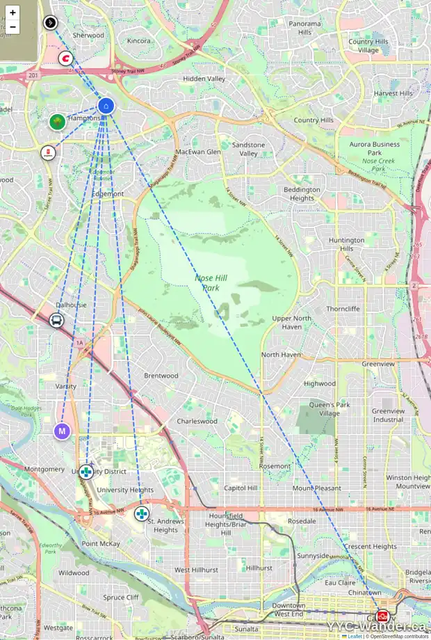 Daily accessibility map for 135 HAMPTONS TC NW, Calgary showing nearby schools, grocery stores, parks, LRT stations and nearby amenities