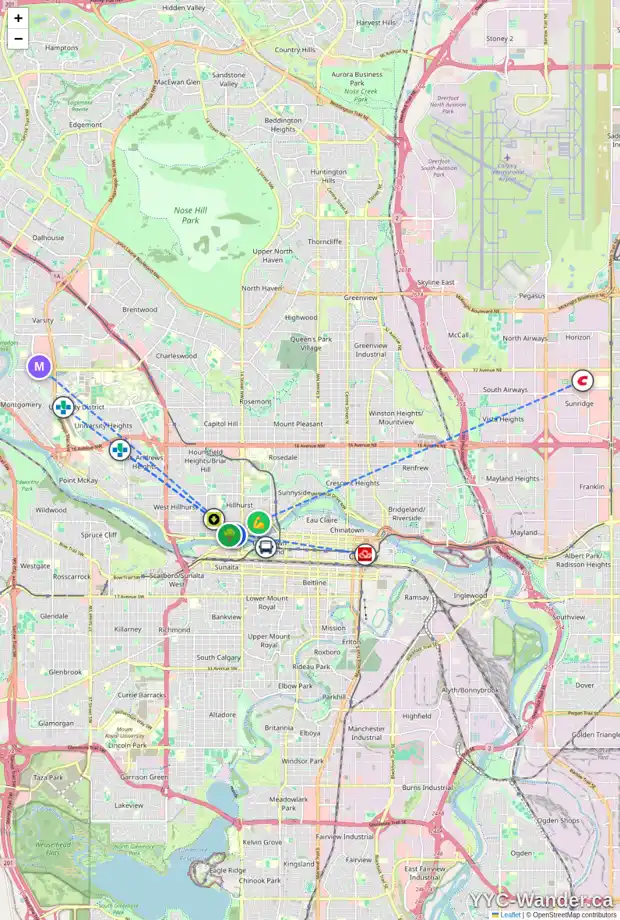 Daily accessibility map for 1647 BROADVIEW RD NW, Calgary showing nearby schools, grocery stores, parks, LRT stations and nearby amenities