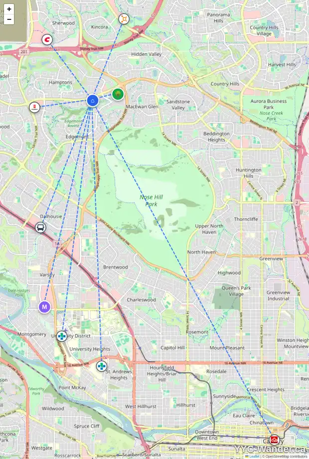 Daily accessibility map for 43 EDGERIDGE ME NW, Calgary showing nearby schools, grocery stores, parks, LRT stations and nearby amenities