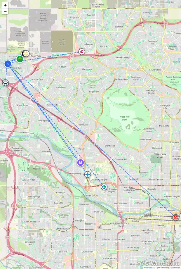 Daily accessibility map for 62 ROYAL OAK CV NW, Calgary showing nearby schools, grocery stores, parks, LRT stations and nearby amenities