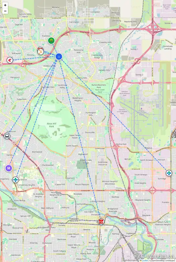 Daily accessibility map for 8 HIDDEN CREEK CR NW, Calgary showing nearby schools, grocery stores, parks, LRT stations and nearby amenities