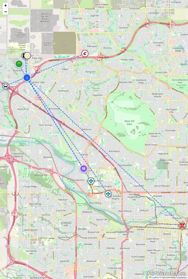 Daily accessibility map for 79 ROYAL CREST WY NW, Calgary showing nearby schools, grocery stores, parks, LRT stations and nearby amenities