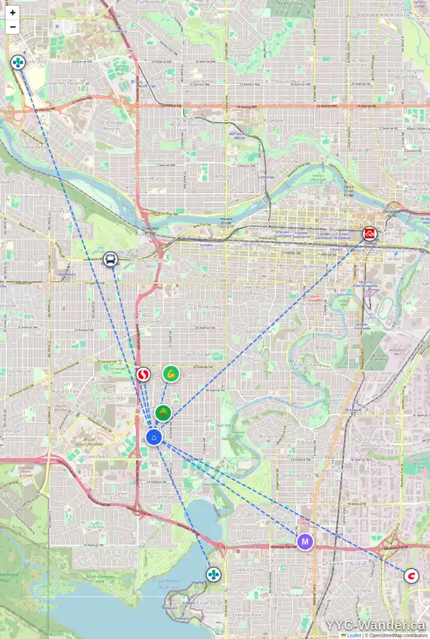 Daily accessibility map for 67 AMIENS CR SW, Calgary showing nearby schools, grocery stores, parks, LRT stations and nearby amenities