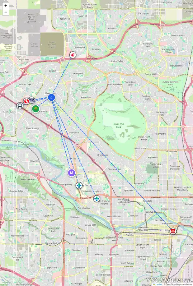 Daily accessibility map for 2304 HAWKSBROW PT NW, Calgary showing nearby schools, grocery stores, parks, LRT stations and nearby amenities