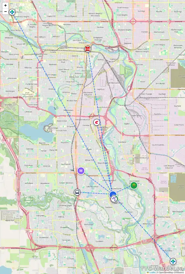 Daily accessibility map for 211 QUEENSLAND RD SE, Calgary showing nearby schools, grocery stores, parks, LRT stations and nearby amenities