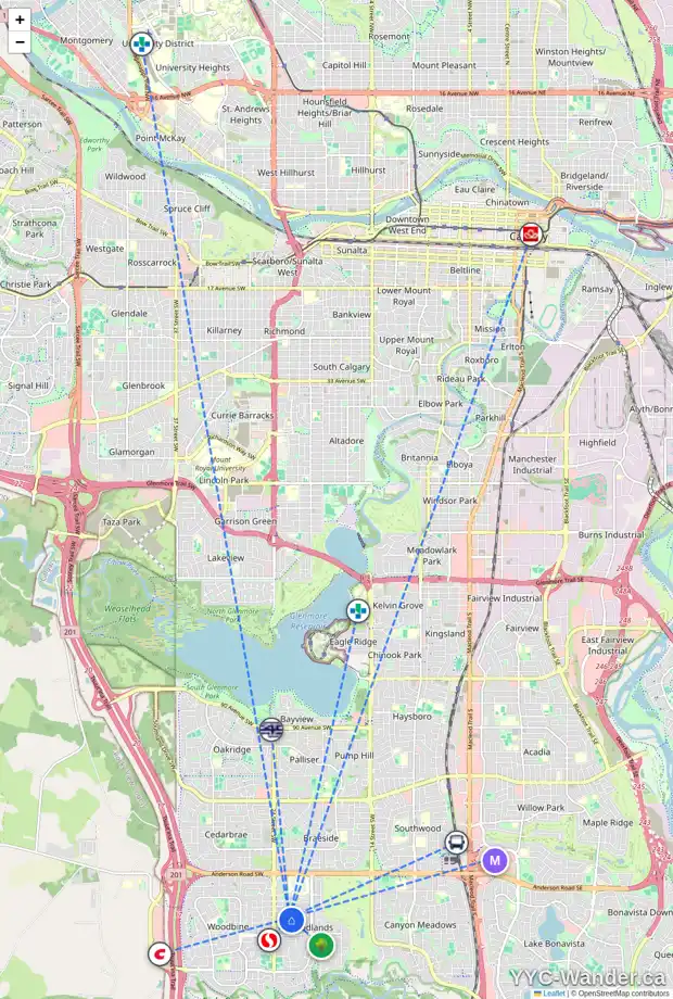 Daily accessibility map for 144 WOODSTOCK RD SW, Calgary showing nearby schools, grocery stores, parks, LRT stations and nearby amenities