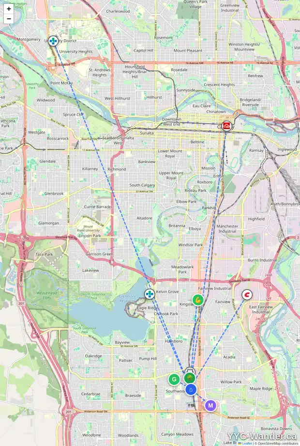 Daily accessibility map for 628 SIERRA CR SW, Calgary showing nearby schools, grocery stores, parks, LRT stations and nearby amenities