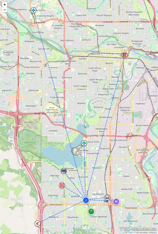 Daily accessibility map for 320 BRANIFF PL SW, Calgary showing nearby schools, grocery stores, parks, LRT stations and nearby amenities