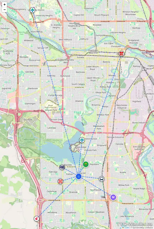 Daily accessibility map for 216 PUMP HILL RI SW, Calgary showing nearby schools, grocery stores, parks, LRT stations and nearby amenities