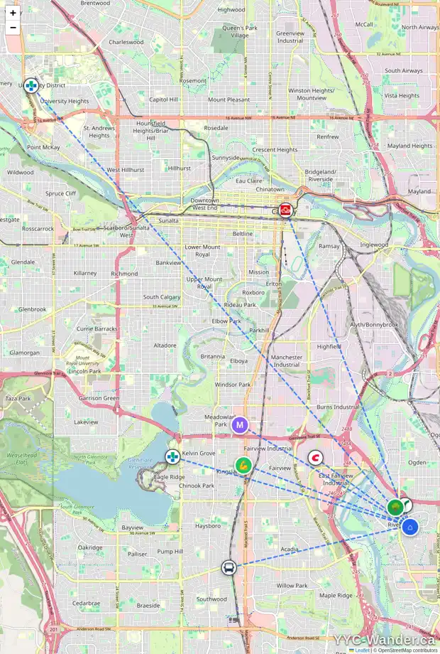 Daily accessibility map for 103 RIVERGLEN PL SE, Calgary showing nearby schools, grocery stores, parks, LRT stations and nearby amenities