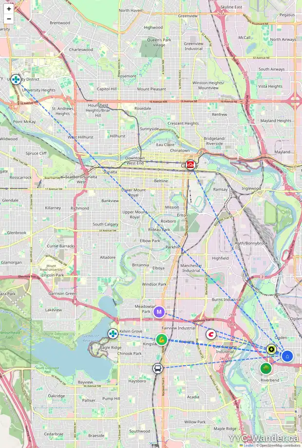 Daily accessibility map for 7819 22 ST SE, Calgary showing nearby schools, grocery stores, parks, LRT stations and nearby amenities