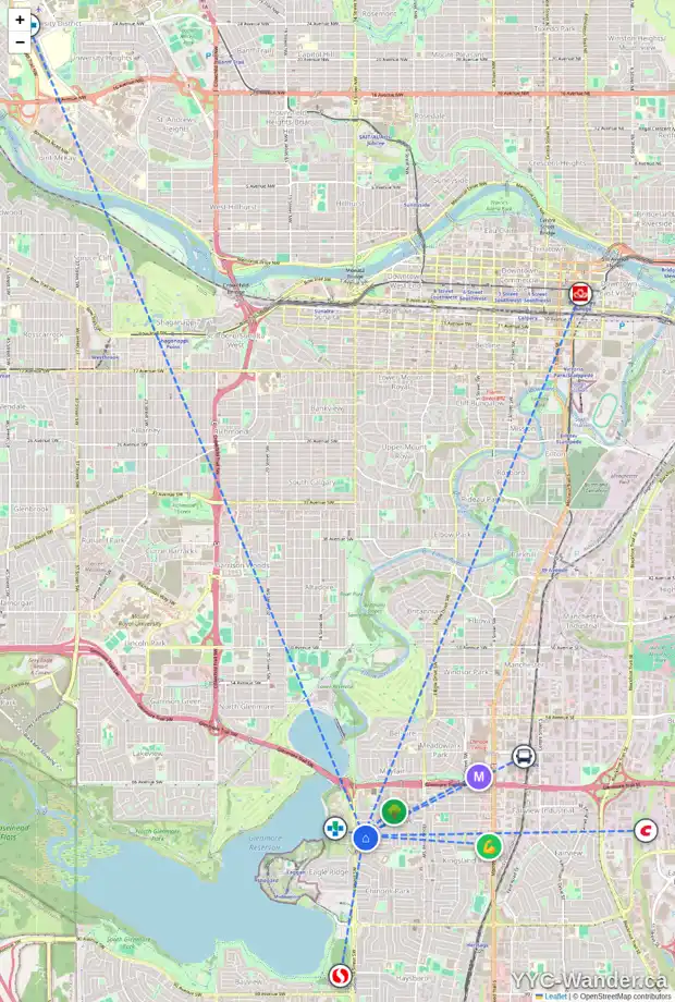 Daily accessibility map for 7320 KANANASKIS DR SW, Calgary showing nearby schools, grocery stores, parks, LRT stations and nearby amenities
