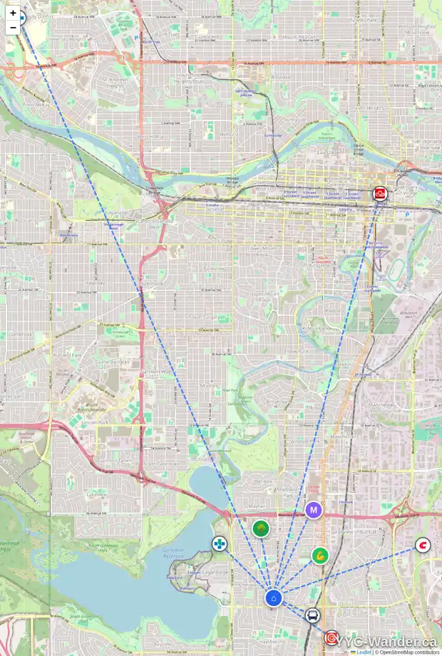 Daily accessibility map for 76 CHINOOK DR SW, Calgary showing nearby schools, grocery stores, parks, LRT stations and nearby amenities