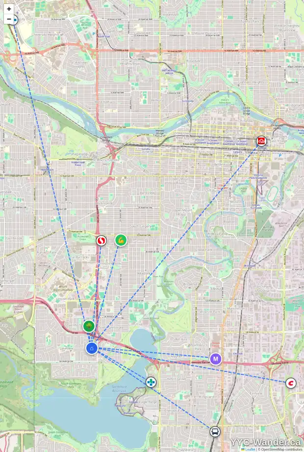 Daily accessibility map for 2611 LOUGHEED DR SW, Calgary showing nearby schools, grocery stores, parks, LRT stations and nearby amenities