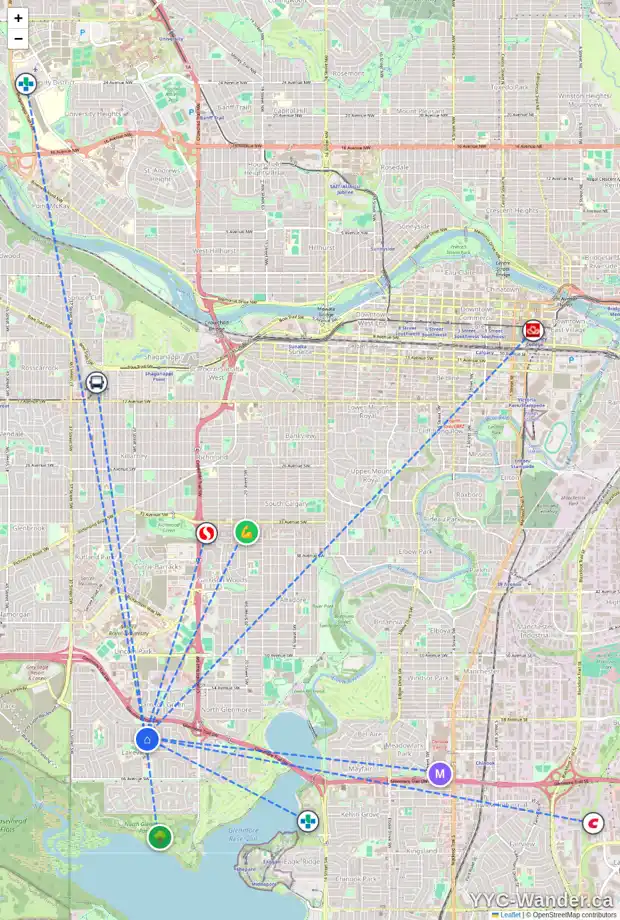 Daily accessibility map for 3106 LEDUC CR SW, Calgary showing nearby schools, grocery stores, parks, LRT stations and nearby amenities