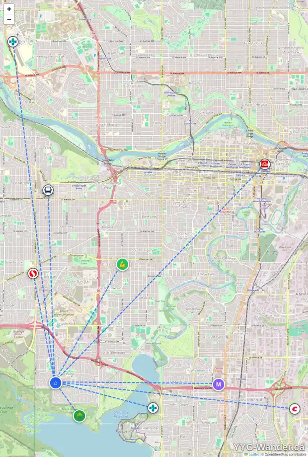 Daily accessibility map for 3515 LAKESIDE CR SW, Calgary showing nearby schools, grocery stores, parks, LRT stations and nearby amenities