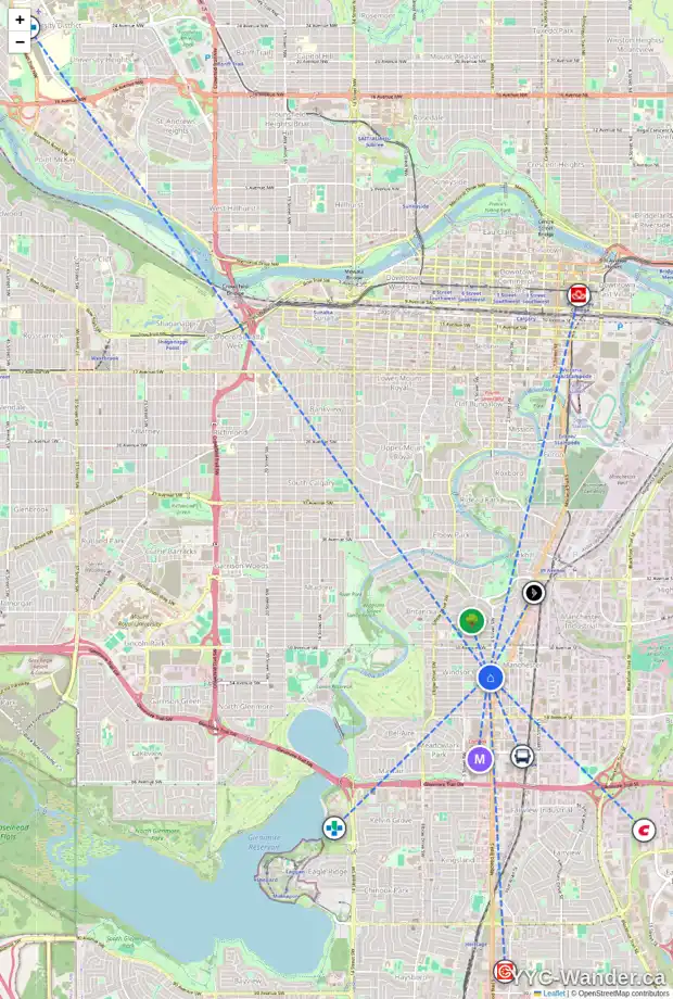 Daily accessibility map for 411 53 AV SW, Calgary showing nearby schools, grocery stores, parks, LRT stations and nearby amenities