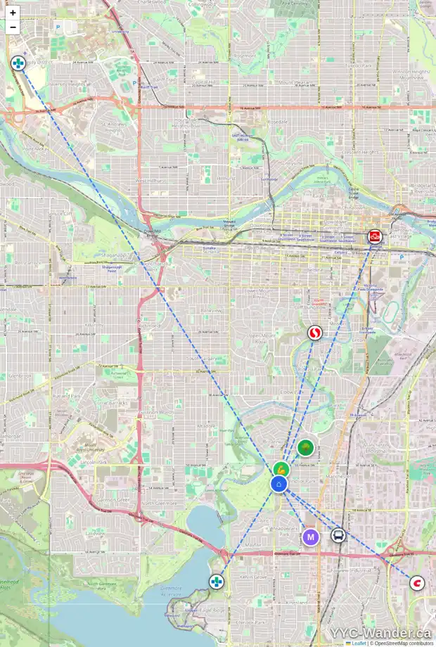 Daily accessibility map for 5403 ELBOW DR SW, Calgary showing nearby schools, grocery stores, parks, LRT stations and nearby amenities