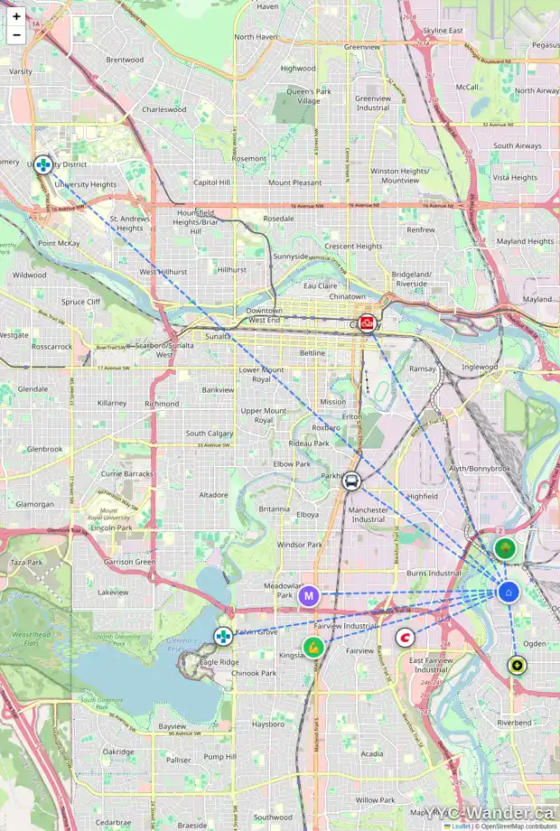 Daily accessibility map for 1832 62 AV SE, Calgary showing nearby schools, grocery stores, parks, LRT stations and nearby amenities