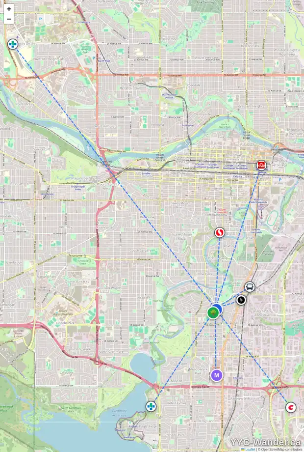 Daily accessibility map for 448 46 AV SW, Calgary showing nearby schools, grocery stores, parks, LRT stations and nearby amenities