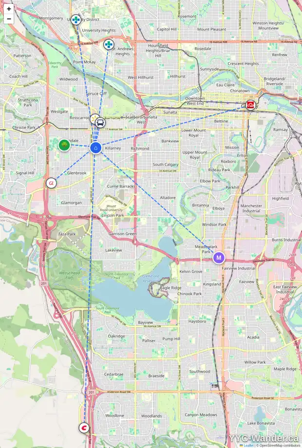 Daily accessibility map for 2432 36 ST SW, Calgary showing nearby schools, grocery stores, parks, LRT stations and nearby amenities