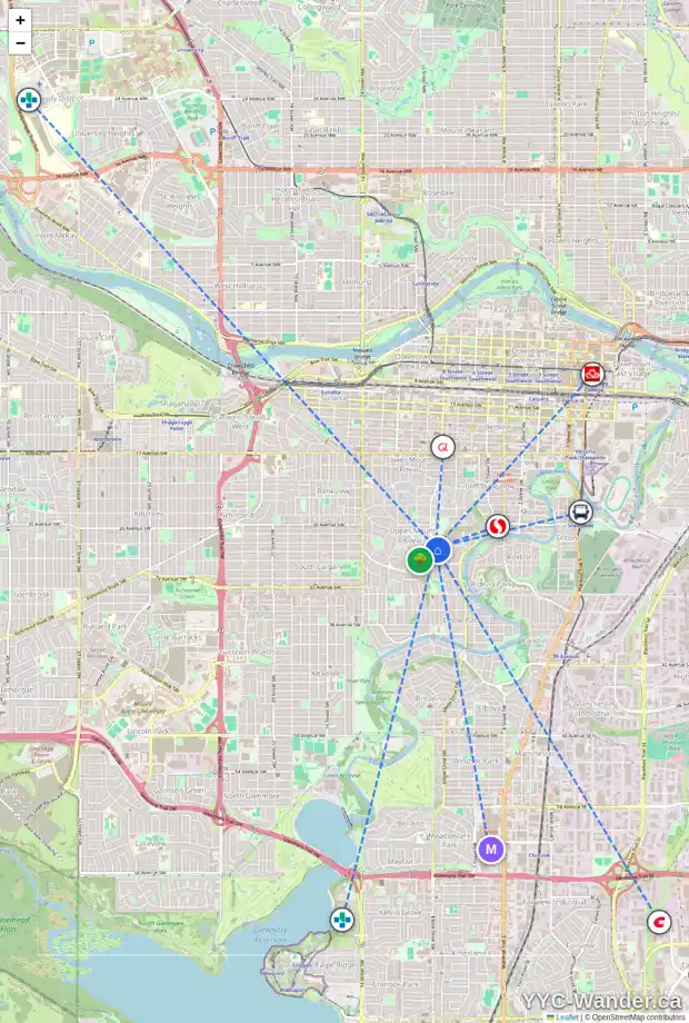 Daily accessibility map for 3004 8 ST SW, Calgary showing nearby schools, grocery stores, parks, LRT stations and nearby amenities