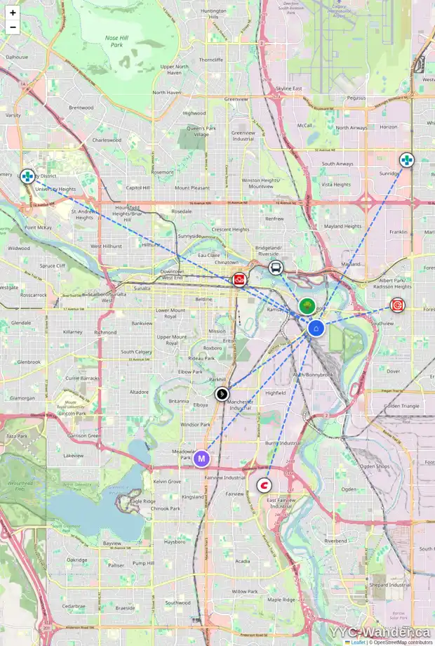 Daily accessibility map for 2311 15A ST SE, Calgary showing nearby schools, grocery stores, parks, LRT stations and nearby amenities