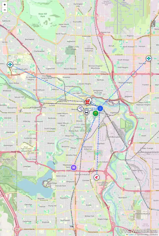 Daily accessibility map for 1015 8 ST SE, Calgary showing nearby schools, grocery stores, parks, LRT stations and nearby amenities
