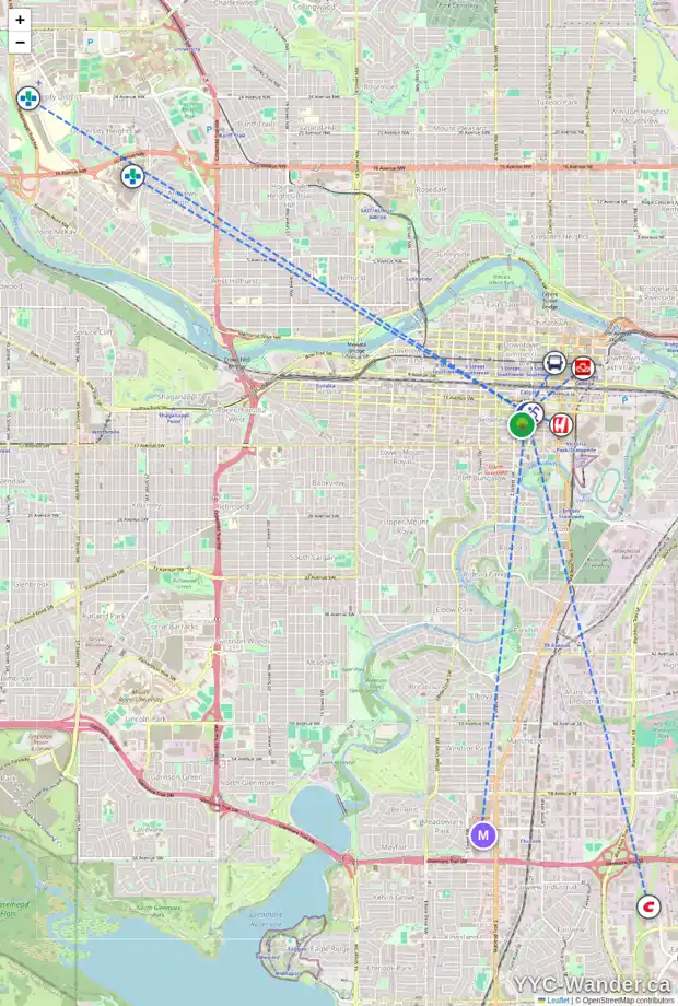 Daily accessibility map for 211A 12 AV SW, Calgary showing nearby schools, grocery stores, parks, LRT stations and nearby amenities